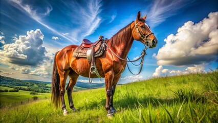 Majestic brown horse wearing ornate saddle and bridle stands regally alone in a lush green meadow under clear blue sky.