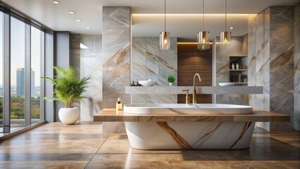Fototapeta premium Elegant empty marble table situated in front of a blurred modern bathroom interior with clean lines and neutral colors.