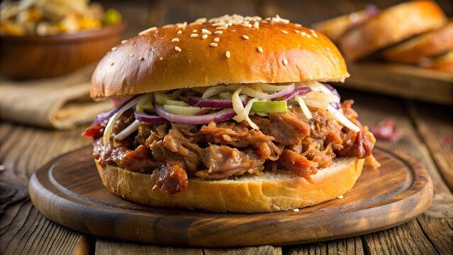 Scrumptious pulled pork sandwich with coleslaw on a wooden table