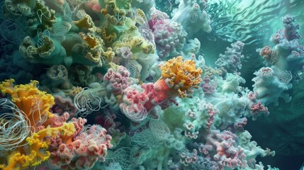 A surreal underwater world filled with abstract coral formations and abstract marine life.
