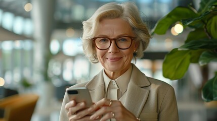 Smiling mature businesswoman using smartphone in a professional office environment