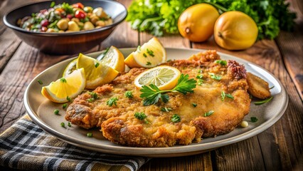 Delicious and crispy breaded veal cutlet with lemon and parsley on a plate