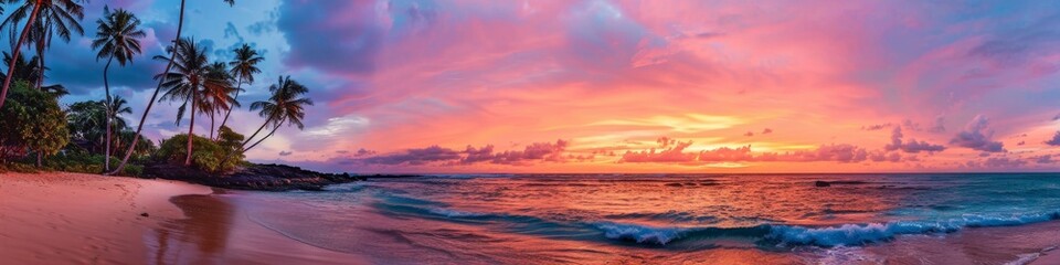 Obraz premium Paradise, with stunning tropical sunsets on the beach, palm trees and vibrant skies, ideal for a relaxing getaway. , seasonal changes, travel, holidays, Christmas, vacation, natural beauty, , vent, re