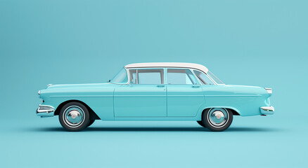 3D miniature of old classic pastel color sedan car with light pastel color background. Generative AI