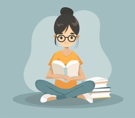 Cartoon Illustration of an Asian Girl Reading and Studying Learning Book, Book Lover Cartoon Style