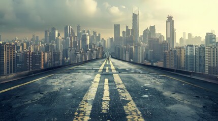 Fototapeta premium Empty wide asphalt road and city skyline. Side asphalt tarmac floor with buildings and modern cityscape. 
