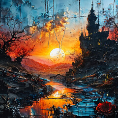 Fototapeta premium Nature ldeeb double exposure detailed sunset painting surrealism mail art 