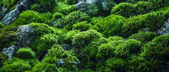 Lush Green Moss Covering Rocks in a Forest Setting, Close-Up Nature Background