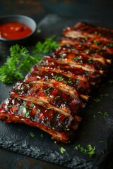 Smokey grilled BBQ Ribs: BBQ ribs placed on a serving platter, with fresh garnishes like parsley and a side of BBQ sauce.