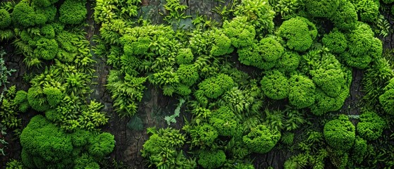 Lush Green Moss Growing on Tree Bark in a Dense Forest, Close-Up Nature Background