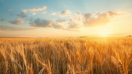 Obraz premium A vast golden wheat field under a beautiful sunset with a colorful sky, symbolizing harvest and abundance.
