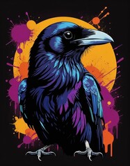 A striking raven perched on a branch against a colorful abstract background, perfect for t-shirts and prints
