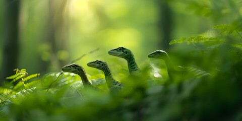 Compsognathus family hunting in a lush green forest with scattered leaves. Concept Dinosaur, Family, Hunting, Forest, Nature