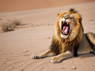 A lion yawning in a desert