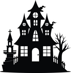 black flat halloween house silhouette white background