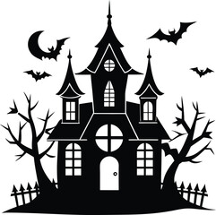 black flat halloween house silhouette white background