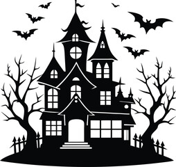 black flat halloween house silhouette white background