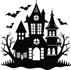 black flat halloween house silhouette white background