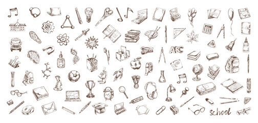 Back to School, hand drawn school supplies - big sketch set. Doodle lettering and school object collection. Education Concept. Vintage sketch element. Vector illustration. Back to School.