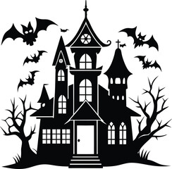 black flat halloween house silhouette white background