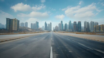 Fototapeta premium Empty wide asphalt road and city skyline. Side asphalt tarmac floor with buildings and modern cityscape. 