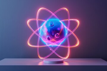 Neon atomic structure on a purple background, capturing scientific energy and modern design.
