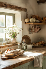 Freshly baked loaf of bread cooling on rustic kitchen counter