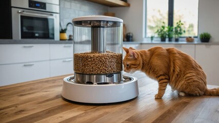 A curious orange cat examines an automated pet feeder filled with kibble on a wooden kitchen counter, highlighting modern pet care.
