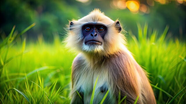Vibrant green grassy landscape in rural India features a solitary Langur monkey, also known as Hanuman, in serene atmosphere.