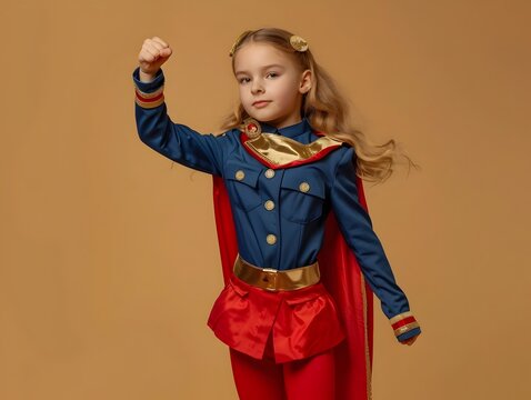 Energetic Young Superhero Girl Raising Fist in Red and Blue Costume Against Khaki Background