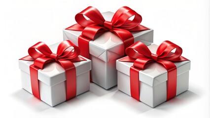 Obraz premium Vector set of elegantly unfolded white gift boxes adorned with vibrant red ribbons isolated on a clean white background illustration.