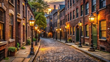 Fototapeta premium Weathered cobblestone street lined with ornate gas lamps, ancient buildings, and worn brick facades in a bygone era atmosphere.