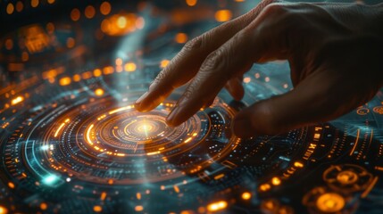 Hand interacting with a high-tech digital interface