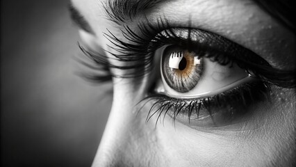 Fototapeta premium High-contrast black and white close-up of a solitary feminine eye gazing intensely into the distance with subtle eyelashes.