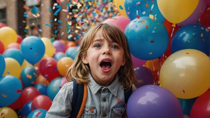 A joyful girl with an excited expression, surrounded by vibrant balloons and confetti, capturing a festive and fun celebration moment.
