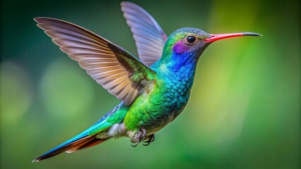 Vibrant iridescent feathers glowing emerald green, bright blue throat patch shining, broad-billed hummingbird hovers mid-air, transparent background accentuates majestic flight.