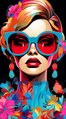 Fototapeta premium Fashion illustration. Colorful pop art 80s comic style fashion drawing. Model wearing glasses, vertical banner, instastory or tiktok background