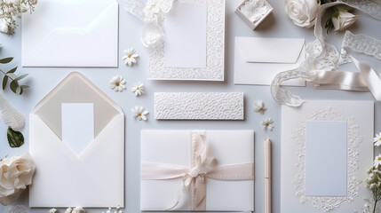 A collection of wedding invitations and stationery arranged neatly. Features intricate designs and elegant details, perfect for a sophisticated wedding theme. Surrounded by flowers and ribbons.