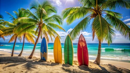 Obraz premium Vibrant colorful surfboards leaning against a palm tree on a sun-kissed sandy beach with crystal-clear turquoise ocean in background.