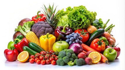 Vibrant arrangement of fresh organic fruits and vegetables isolated on white background with ample copy space for product showcasing.
