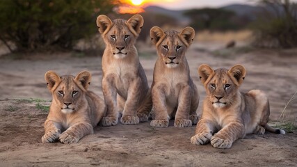 Naklejka premium Lion cubs are sitting and resting, waiting for food in the evening.