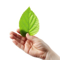 Green Leaf Held in Hand Against White Background