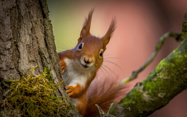 A red squirrel pops up from behind a tree to peek.
