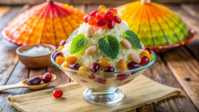 Vibrant shaved ice dessert overflowing with sweetened beans, fruits, and creamy milk, garnished with crisped rice and colorful umbrella.