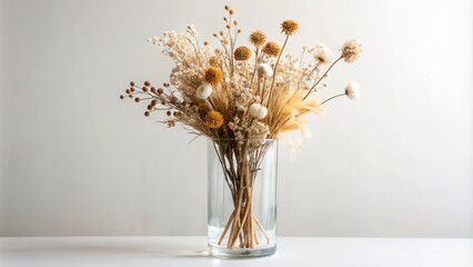 Delicate dried flower arrangement in sleek vase on pristine white background, exuding understated elegance in refined, sophisticated home decor setting.