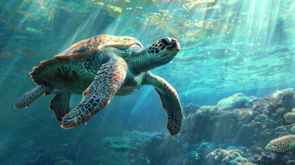 Obraz premium Serene Sea Turtle Gliding Through Colorful Coral Reefs Under Sunlit Waters - Marine Wildlife Exploration