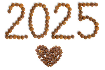 Calendar 2025 from Dry pet food and heart shape from crispy granules on a white background.