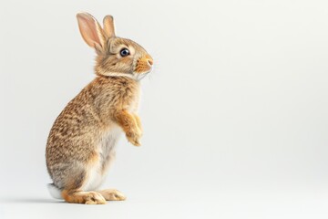 Obraz premium Adorable Brown Rabbit Standing on Hind Legs Against a White Background