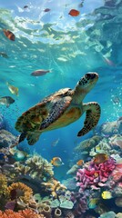 Obraz premium Tranquil Sea Turtle Swimming Among Vibrant Fish in Clear Water, Captured in Dynamic Motion