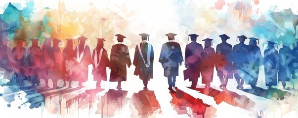Colorful watercolor painting of graduates in caps and gowns, symbolizing celebration, achievement, and academic success.